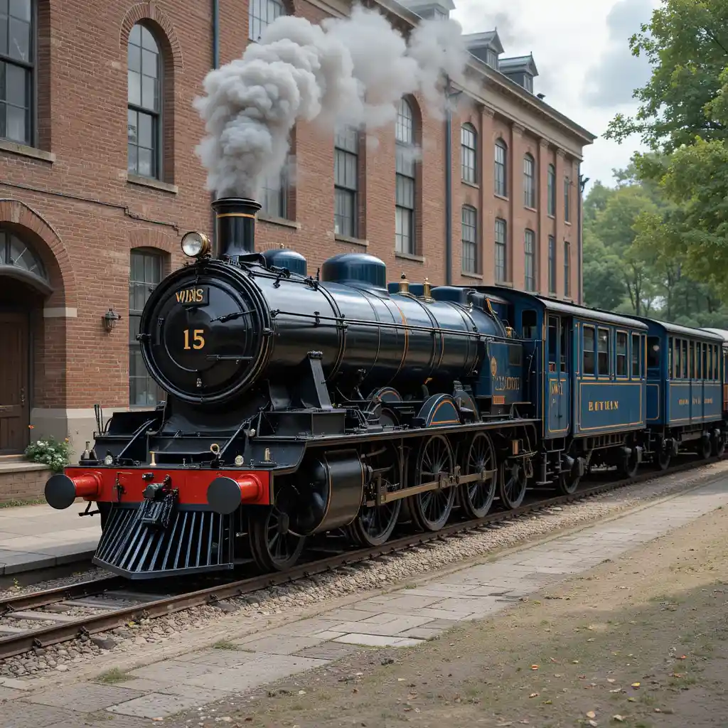 Vintage-Schwarz-Dampflok passiert Backsteinbahnhofsgebäude