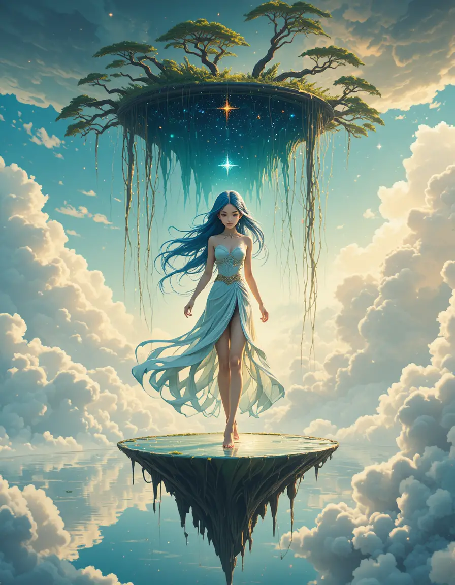 Elf girl standing on an inverted lake high in the sky