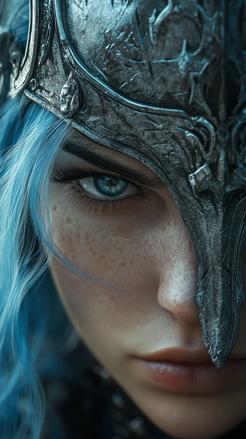 Blue haired warrior princess in a fearsome skull helmet close up