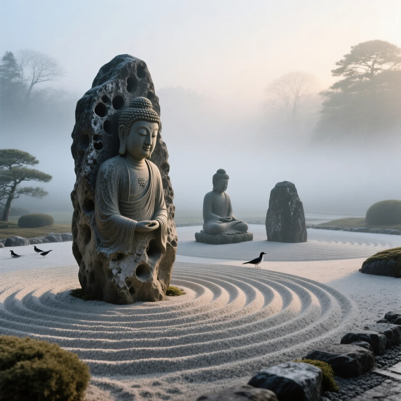 柔和冬日清晨薄霧中的禪意枯山水庭園