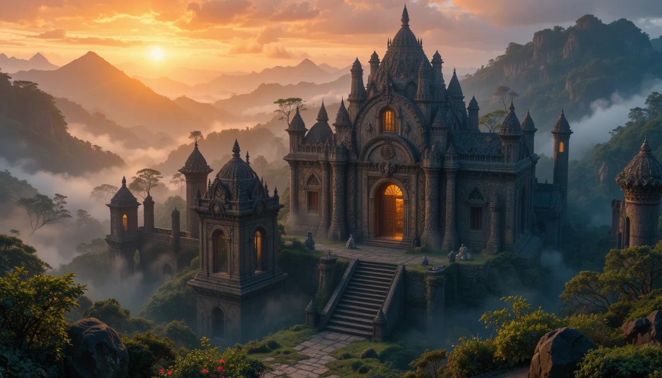 Ancient ruins glowing at twilight in a misty enchanted forest