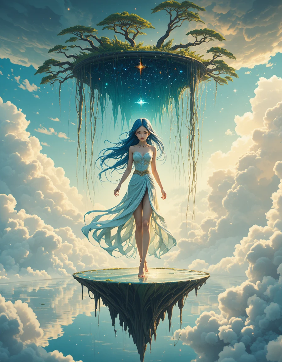 高空中站在倒映天空湖面的精靈少女
