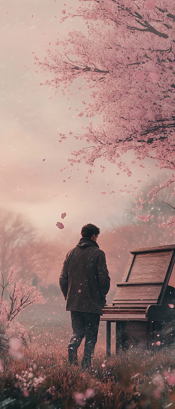 Giovane che si allontana da un tranquillo boschetto di sakura