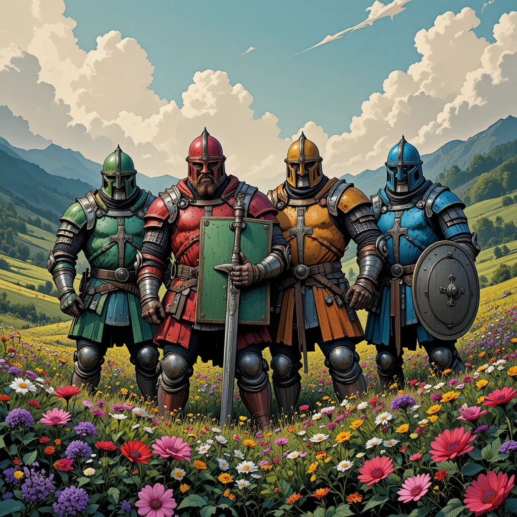 四位身披鎧甲的騎士站在繽紛花谷中
