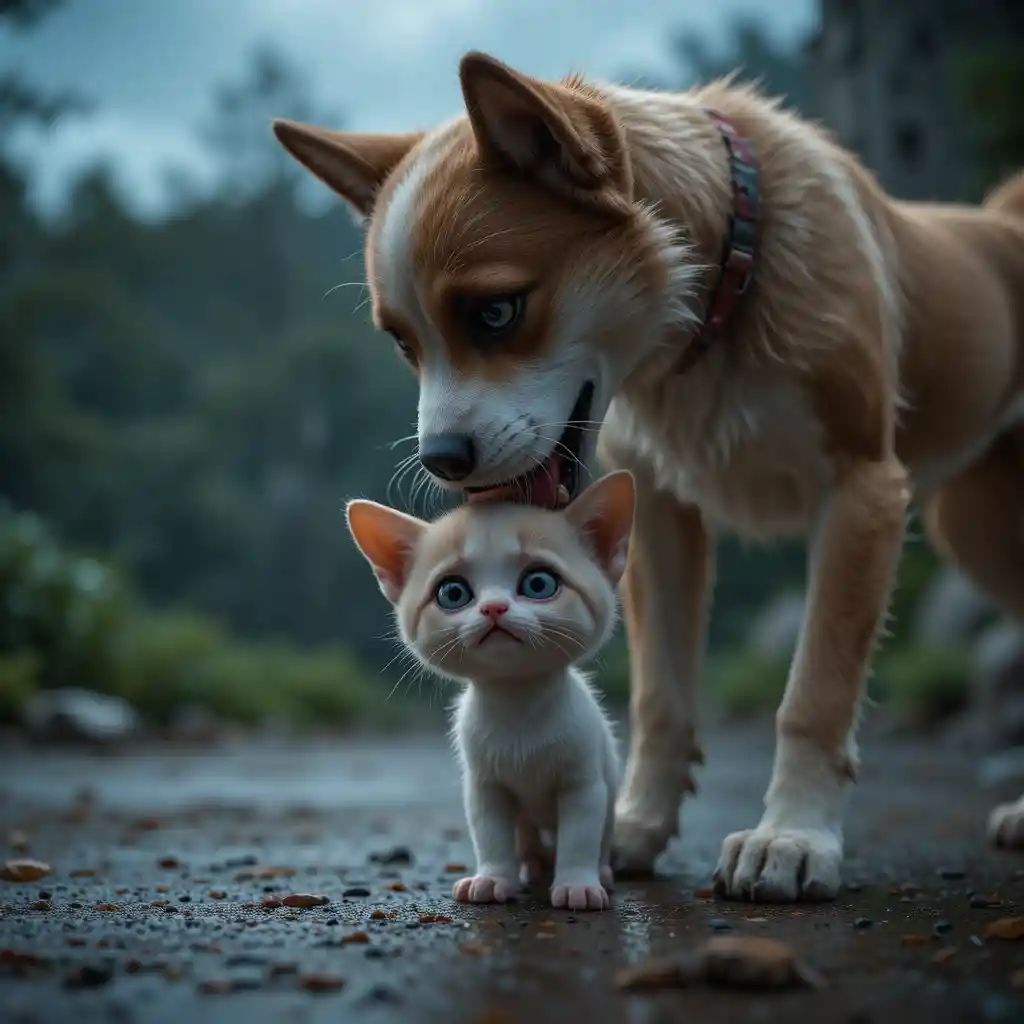 Scared kitten facing a barking dog on a gloomy day