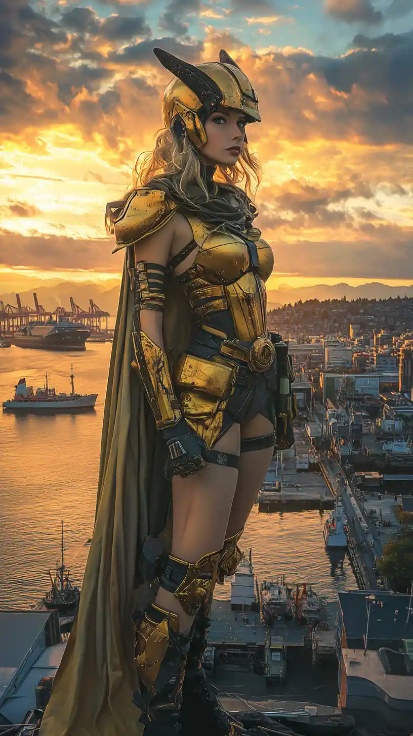 Warrior maiden in armor at harbor city sunset