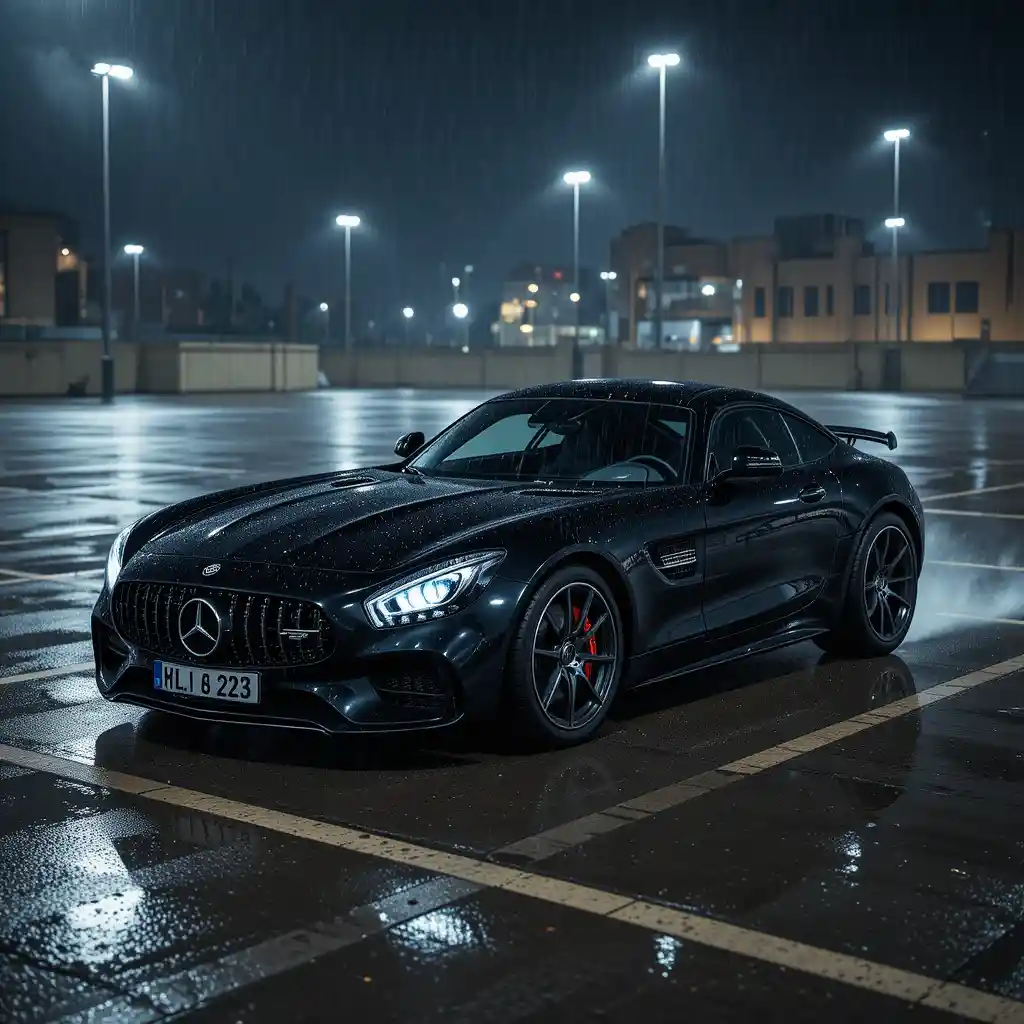 Auto sportiva nera in drift su parcheggio bagnato di notte