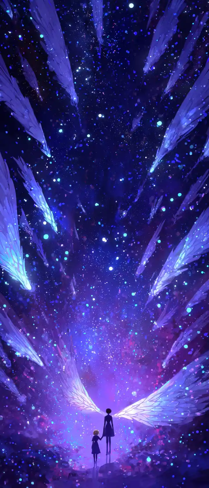 Figure alate che fluttuano in un vasto vuoto cosmico pieno di stelle