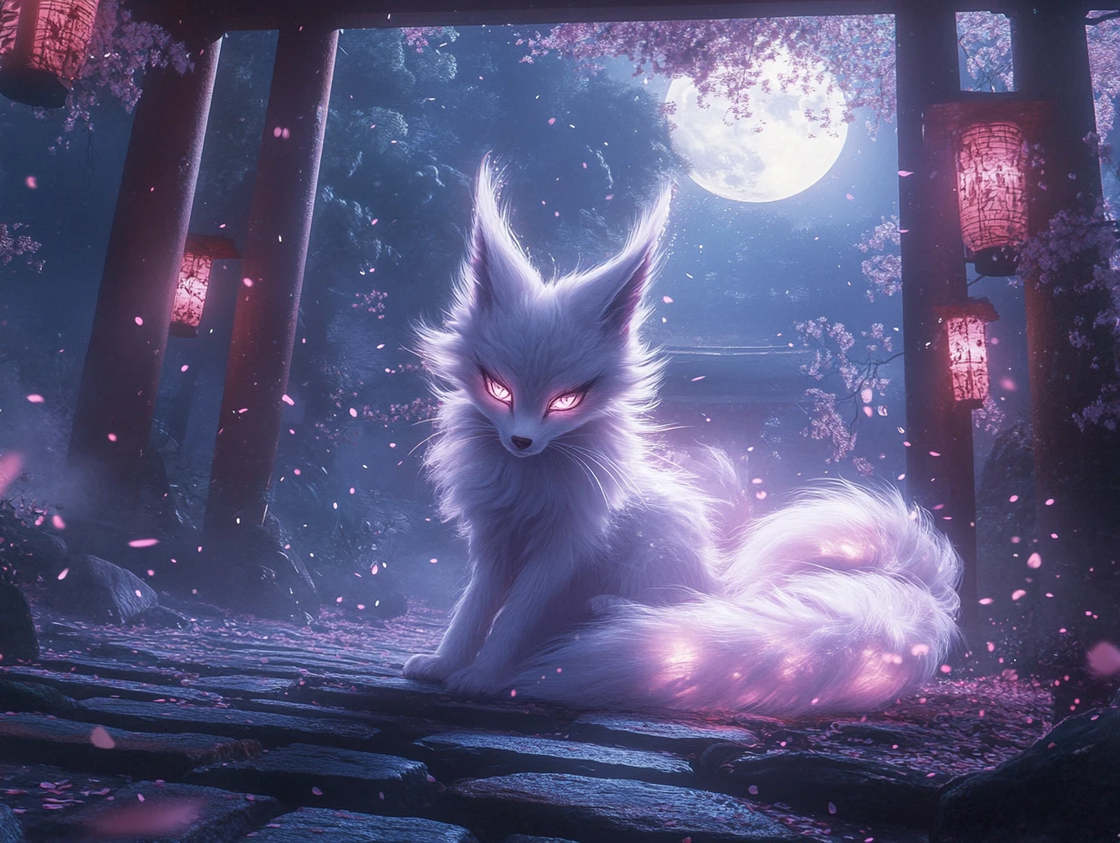 Mistica kitsune a nove code sotto una luna piena luminosa