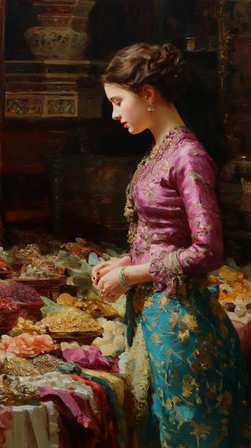 Elegant woman in an exotic nineteenth century marketplace painting