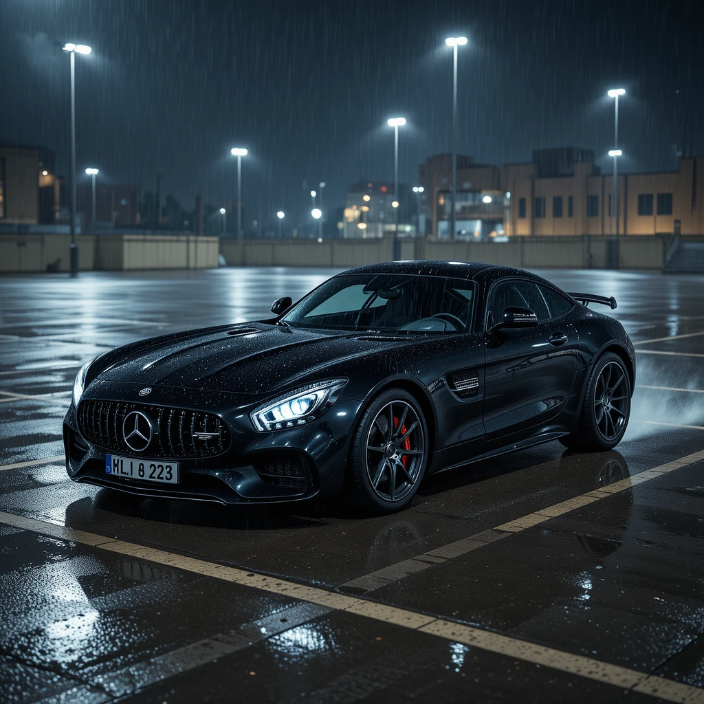 Auto sportiva nera in drift su parcheggio bagnato di notte