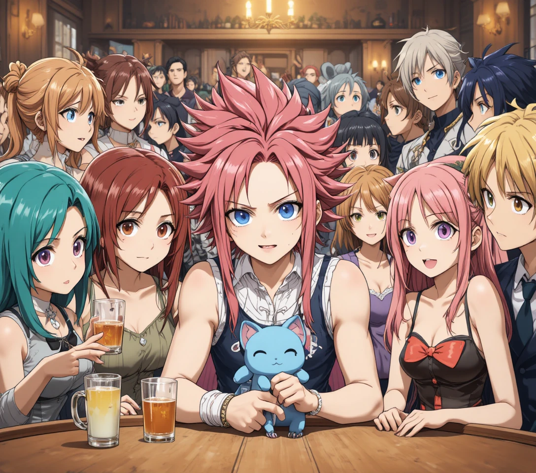 Anime-Helden in einer lebhaften Bar versammelt