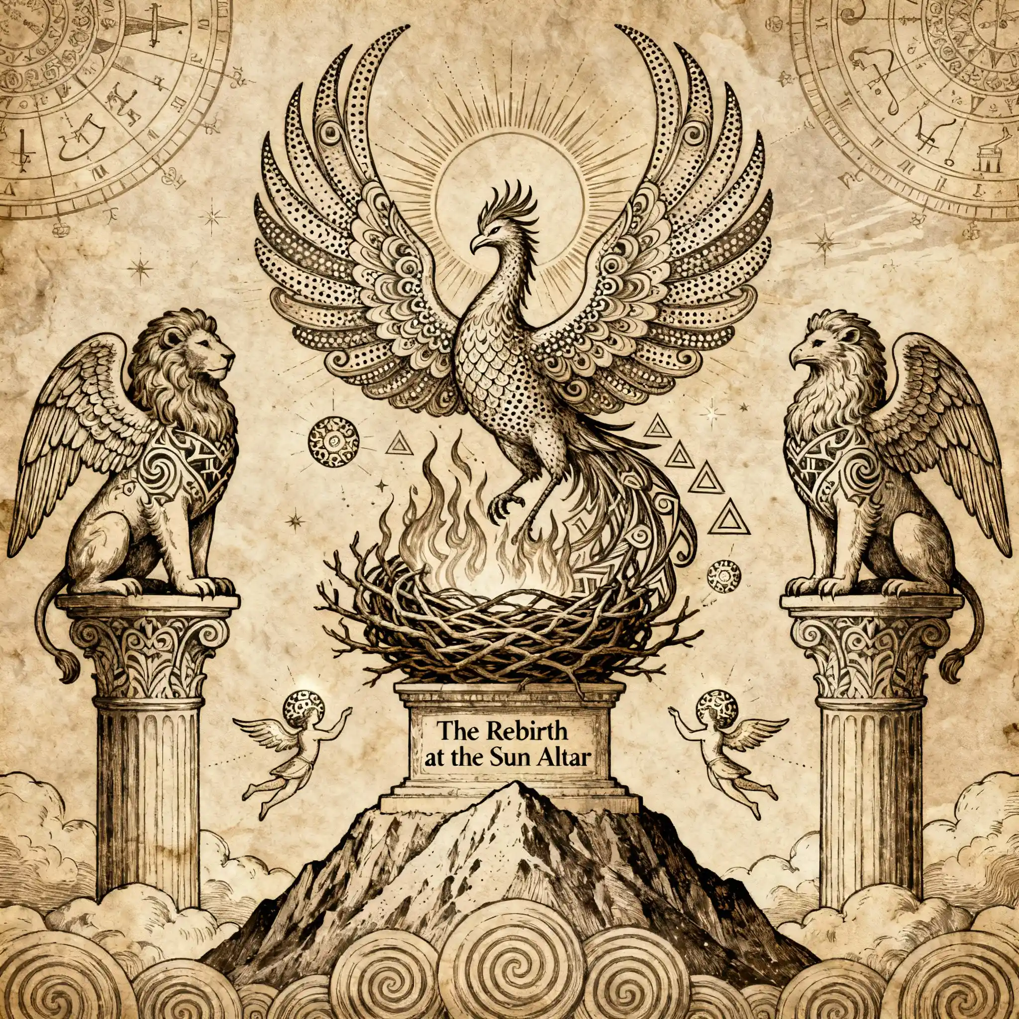 Phönix-Wiedergeburt an einem heiligen Sonnenaltar Zeichnung