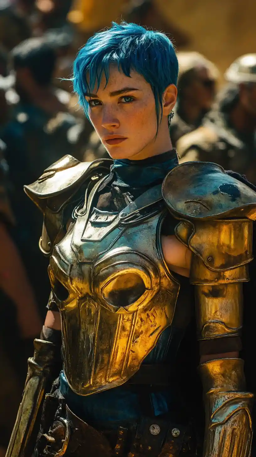 Blue haired warrior woman in a skull helmet close up