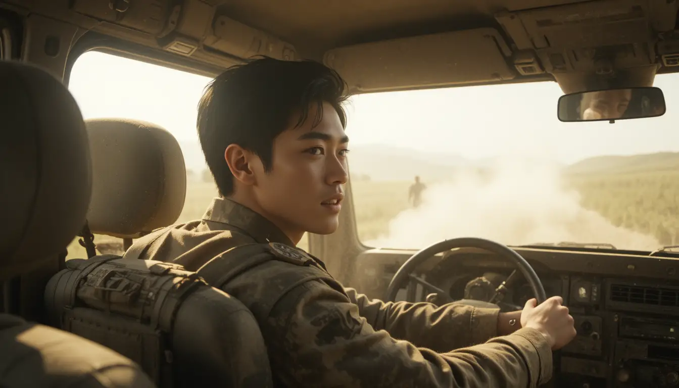 Soldier driving armored vehicle through sunlit dusty grassland
