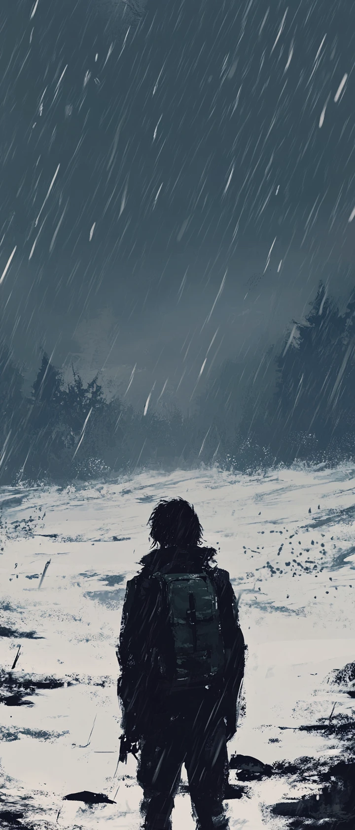 Weary figure at the edge of a stormy snowy wilderness