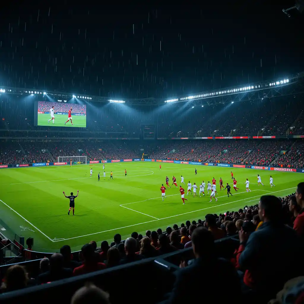 Estádio de futebol em noite chuvosa com torcedores vibrando e luzes