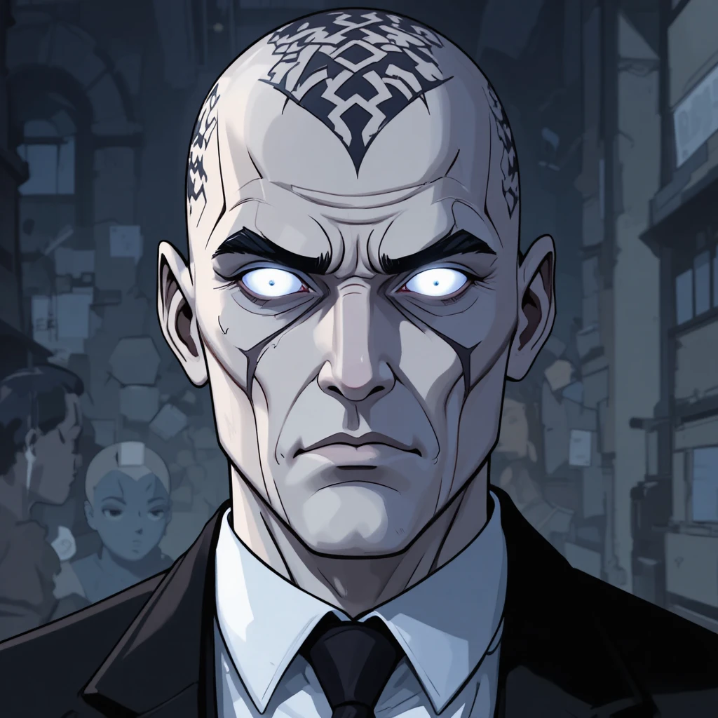 Animated white skinned bald man with glowing white eyes