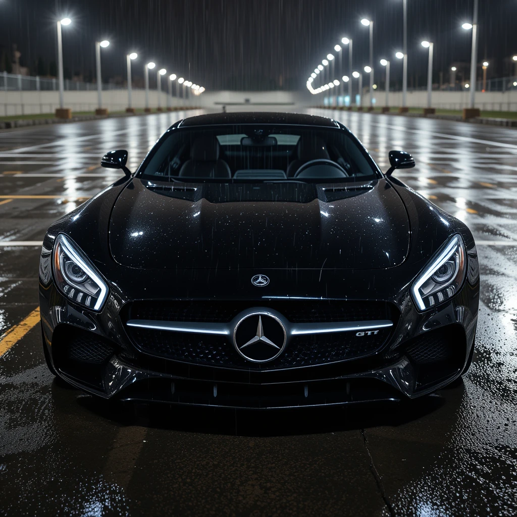 Auto sportiva nera in drift in un parcheggio bagnato di notte