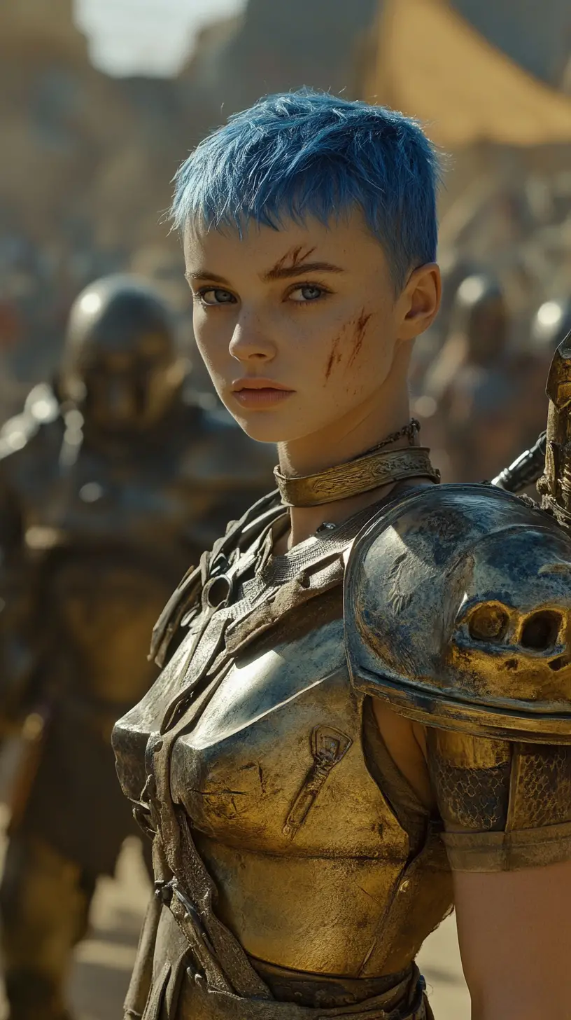 Close up of blue haired warrior woman in skull helmet