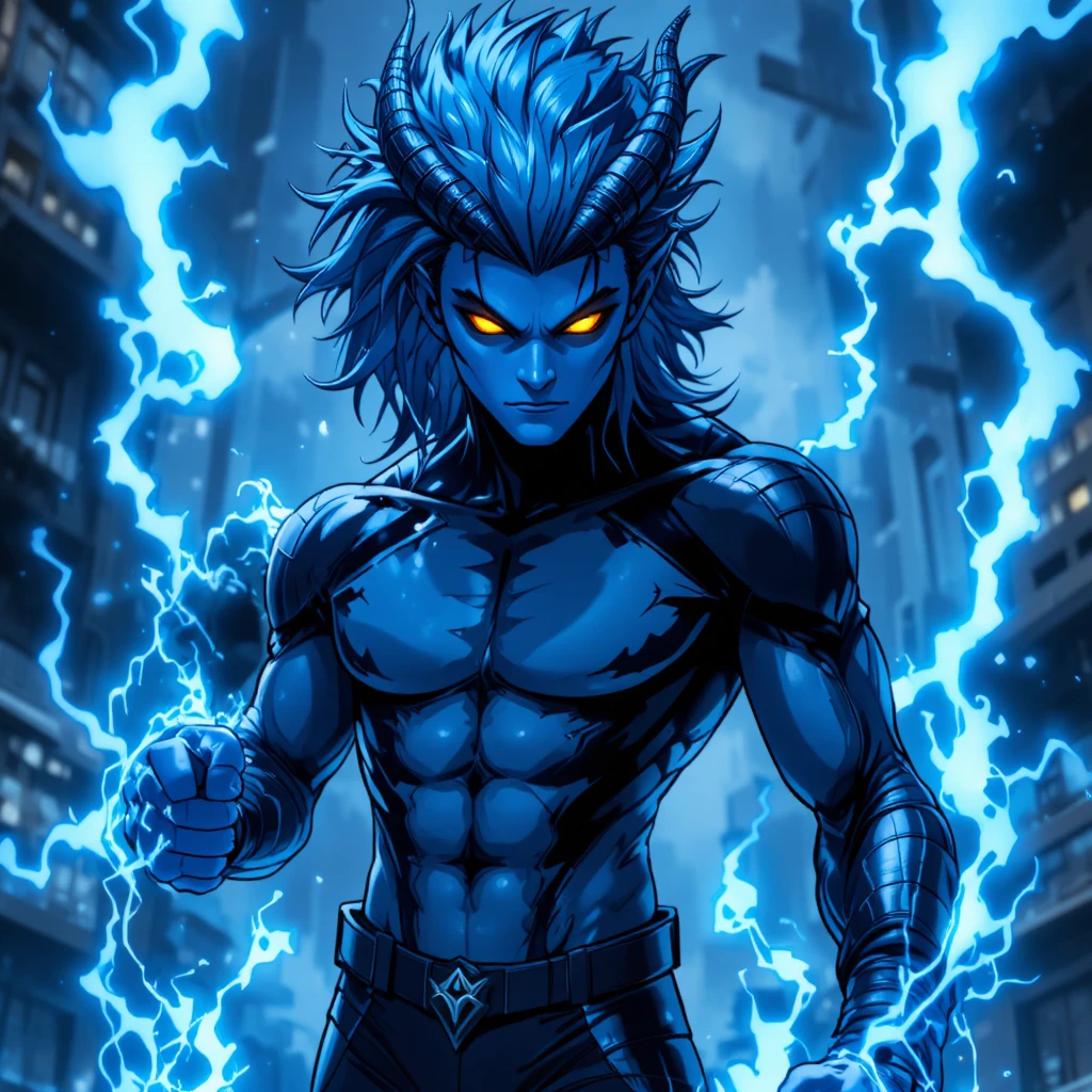 Blue haired mutant man with yellow eyes and demon features