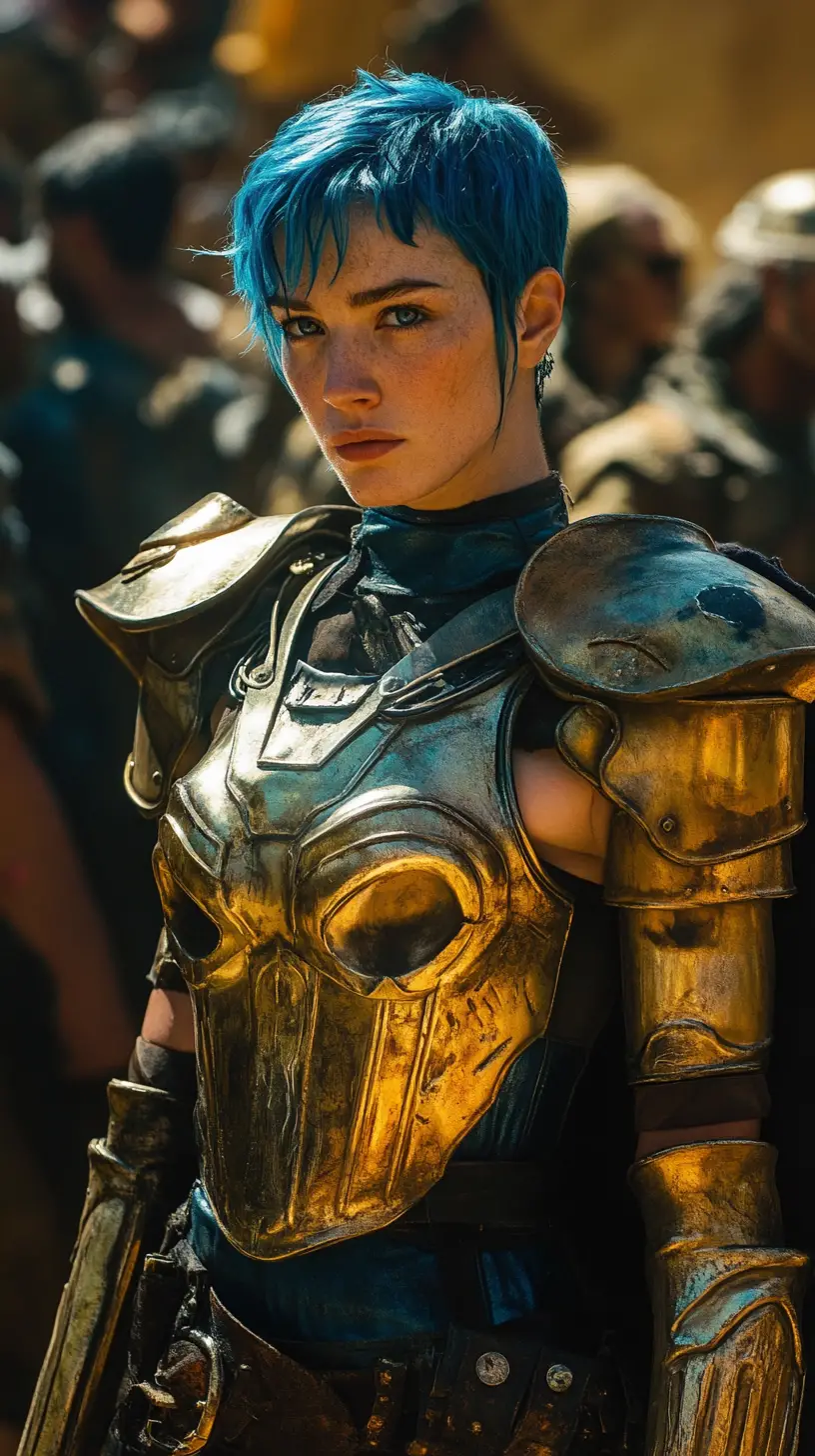 Blue haired warrior woman in a skull helmet close up