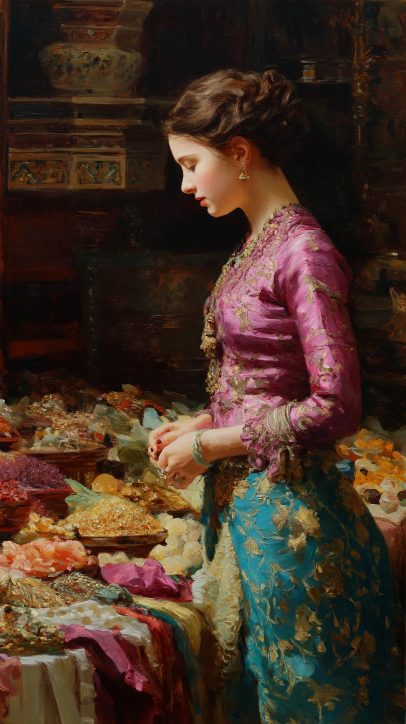 Elegant woman in an exotic nineteenth century marketplace painting