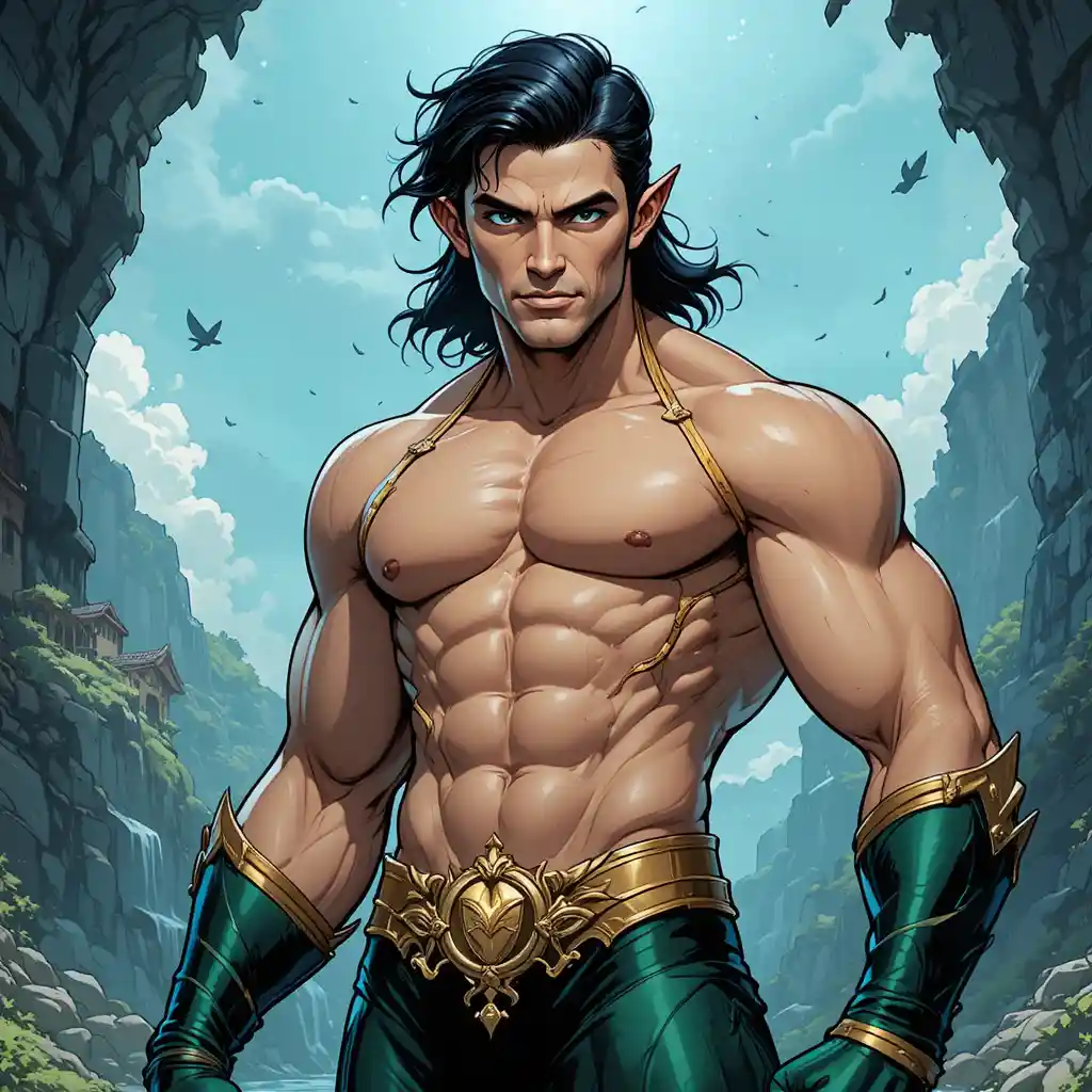 Atlantean king with blue eyes and ankle wings illustration
