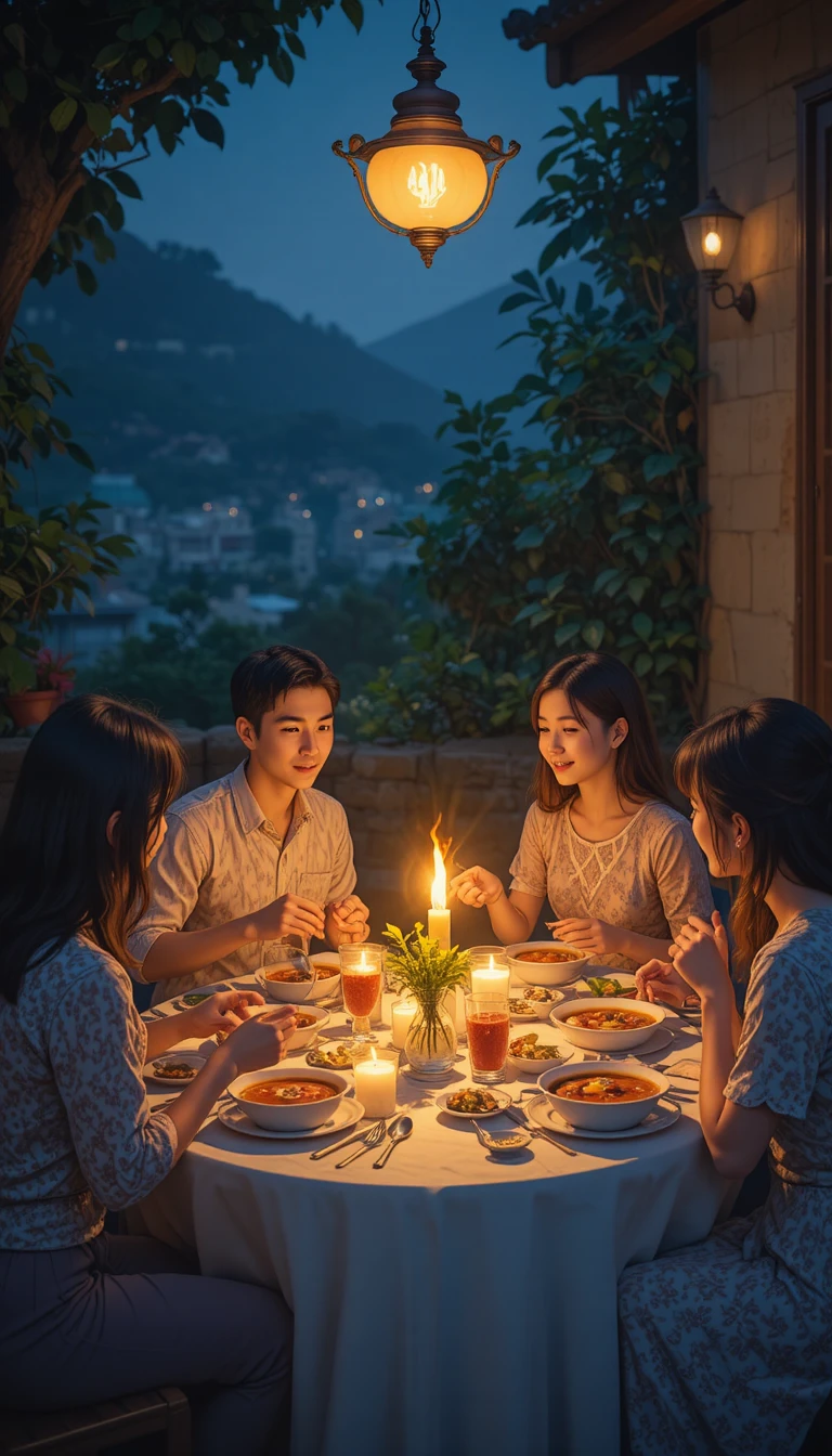Famiglia riunita a un piccolo tavolo per una cena alla luce della lampada
