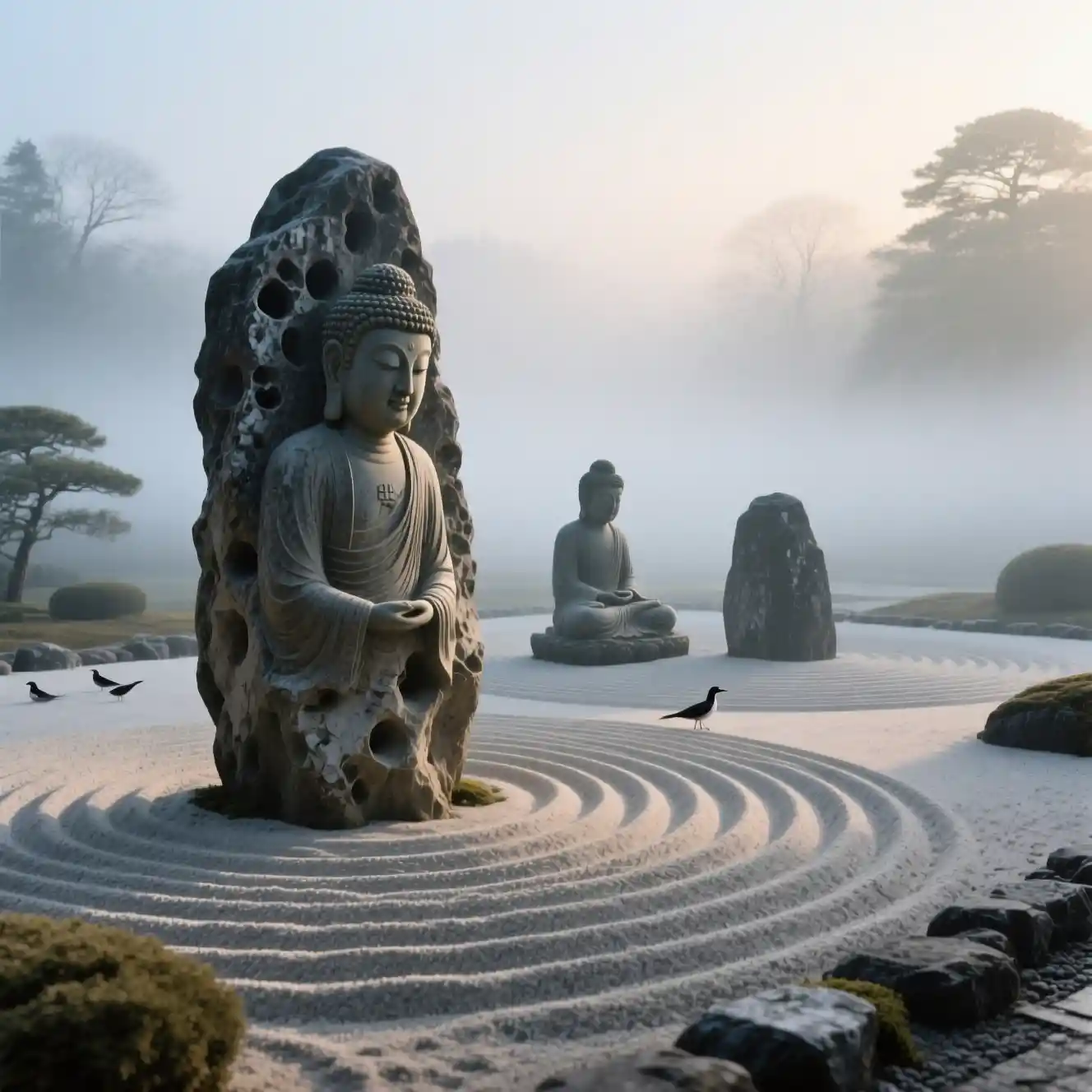 柔和冬日清晨薄霧中的禪意枯山水庭園