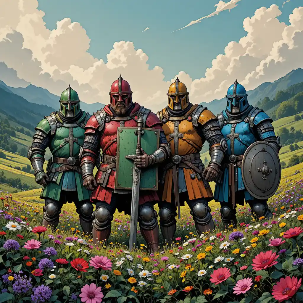 四位身披鎧甲的騎士站在繽紛花谷中