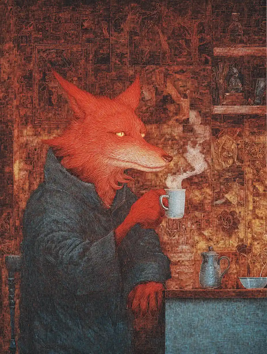 Anthropomorphic pirate fox sipping coffee in a kitchen