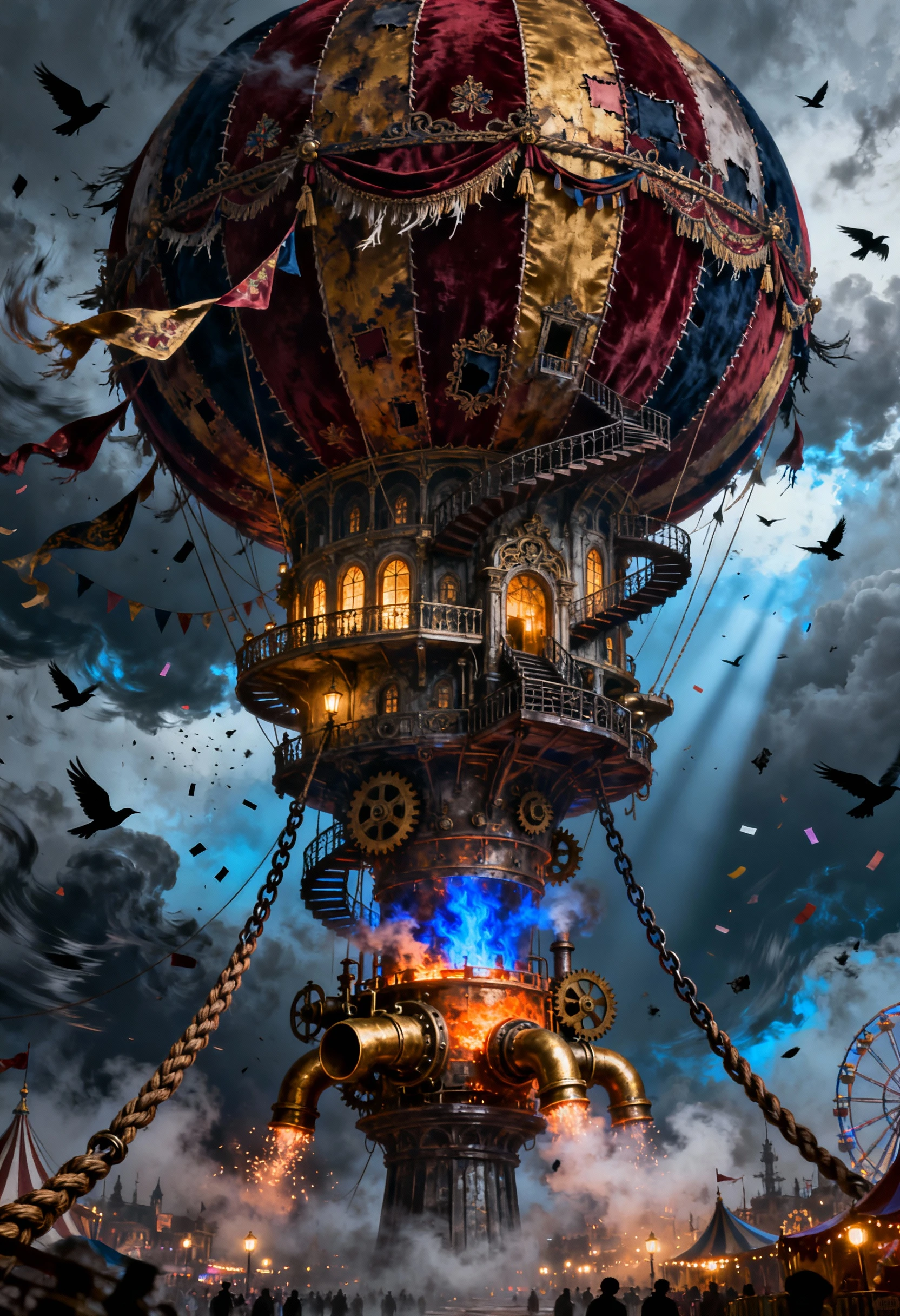 Surreal circus balloon tower rising above a stormy carnival