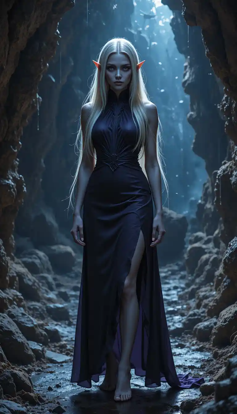 Night elf woman in dark cave with spider webs