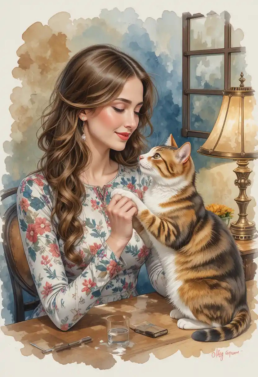 Smiling woman with cat at cozy table in watercolor