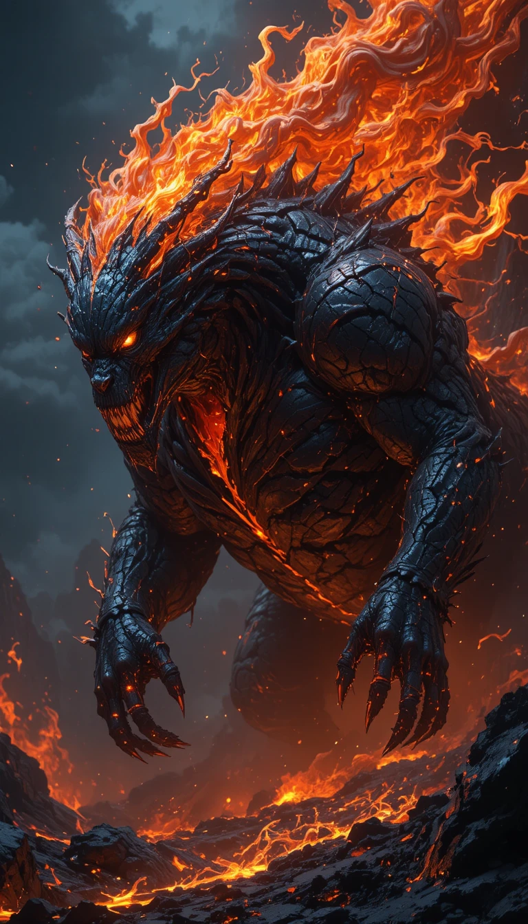 Fiery lava beast with molten mane in dark fantasy scene