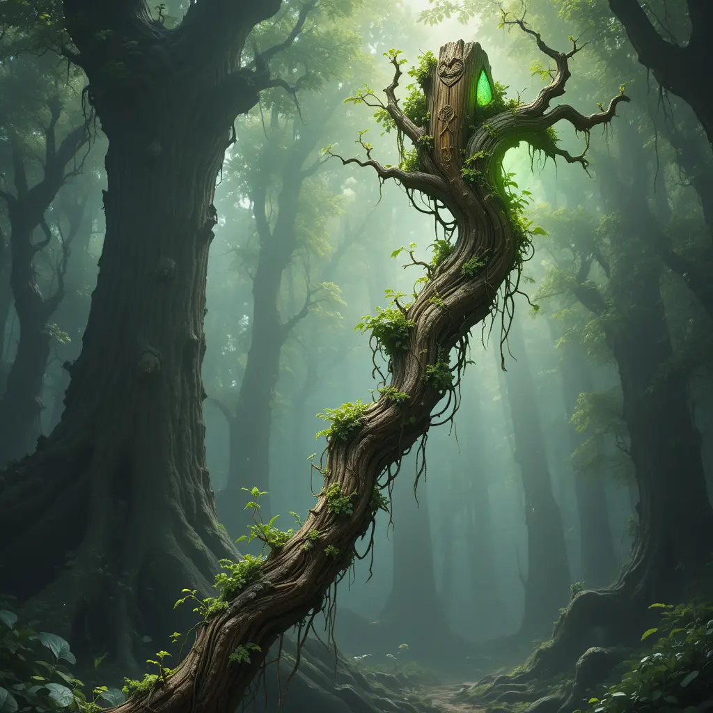 Cajado de madeira de ent antigo brilhando em uma floresta enevoada