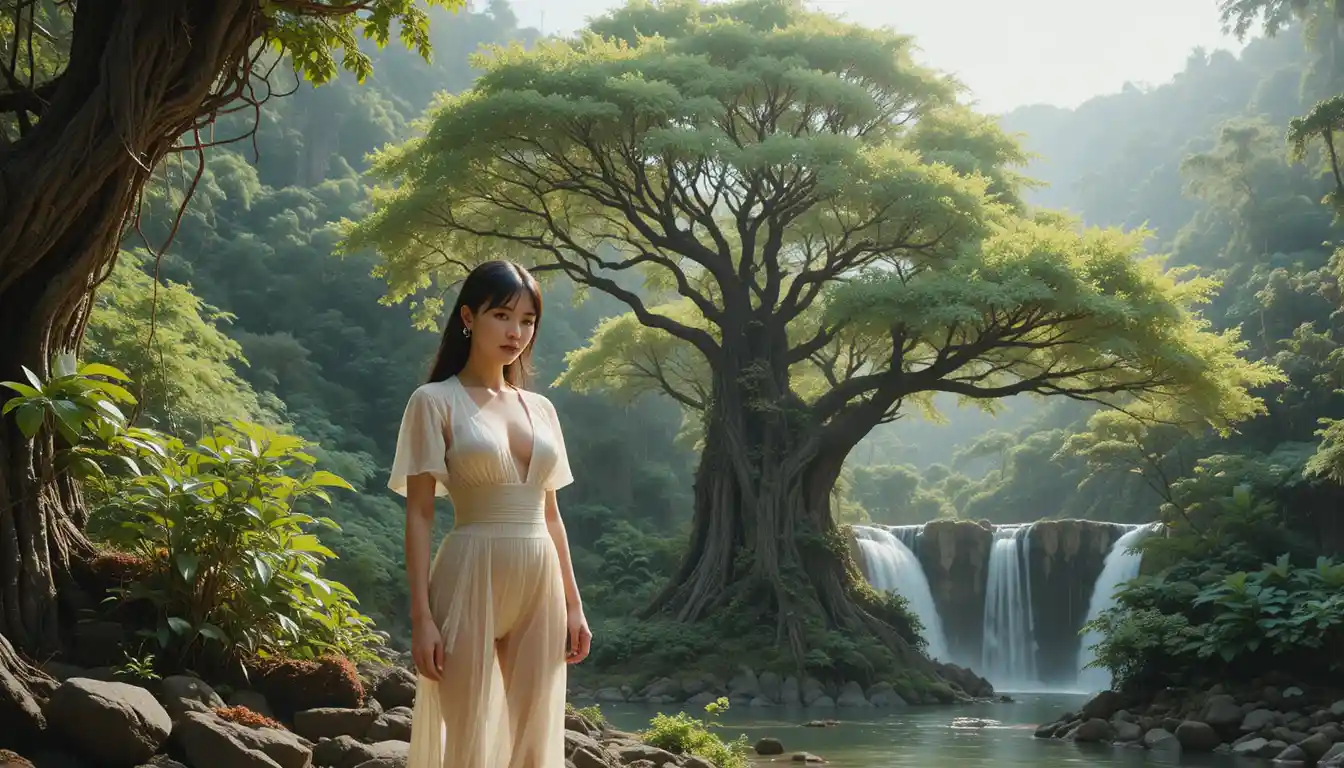Mulher fashion ao lado de uma árvore gigante perto de uma cachoeira