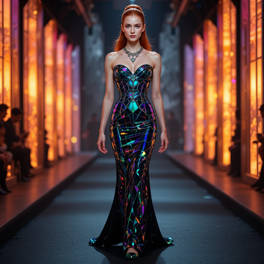 Supermodel rousse en robe métallisée de cristaux sur le podium