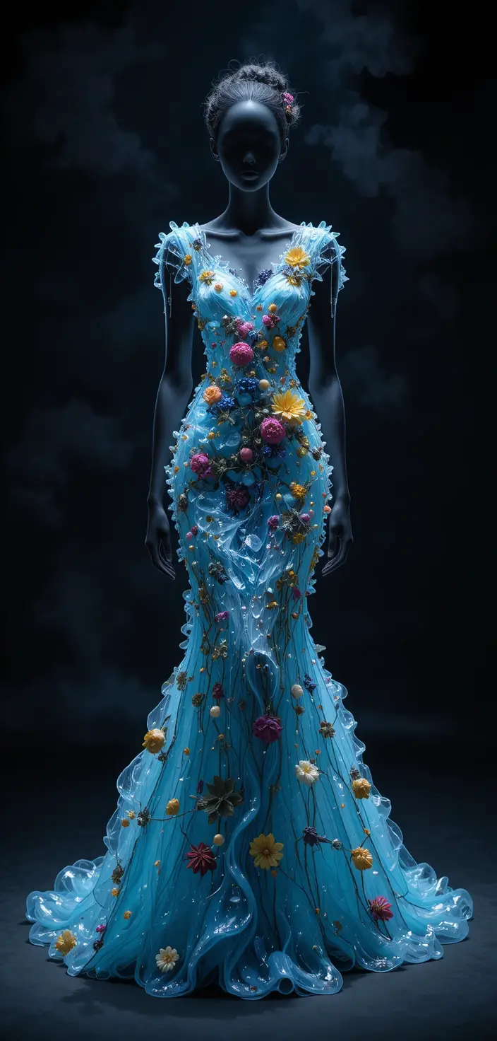 Avant garde water and lava couture dress on black stage