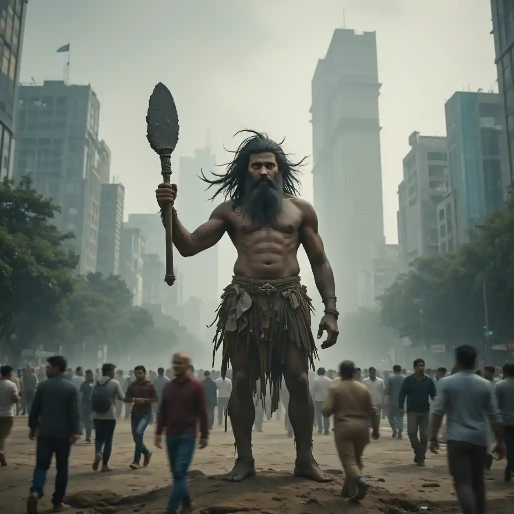 Uomo primitivo in piedi nella piazza nebbiosa di Patna