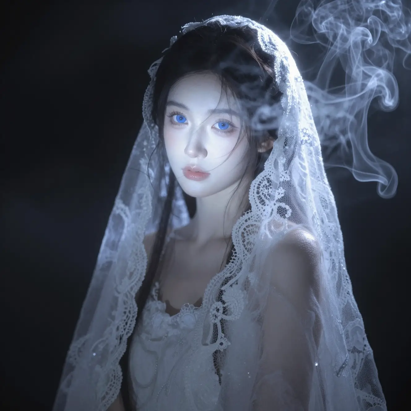 Ethereal woman in smoke against deep dark background