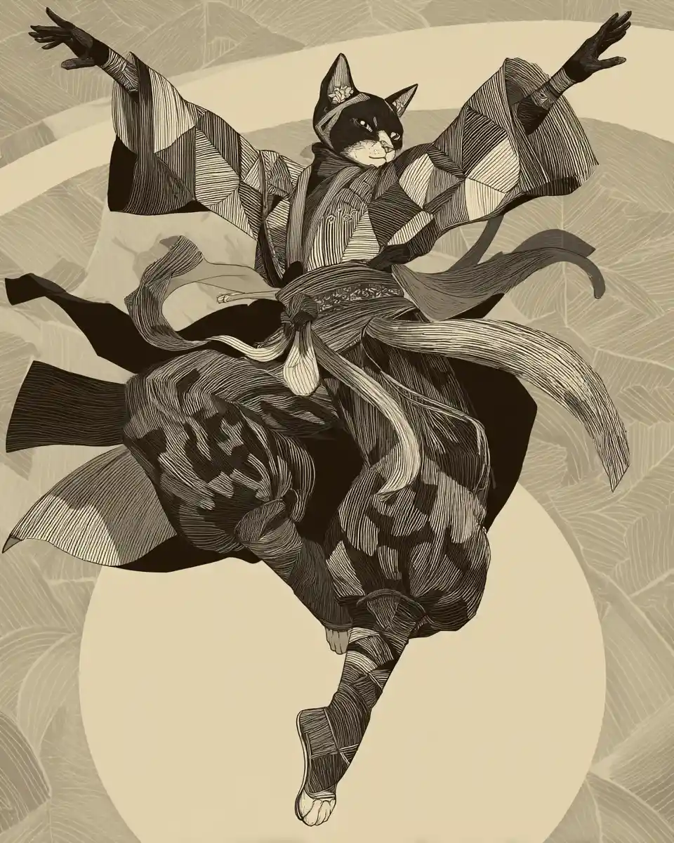 Gato bailarín dinámico estilo ukiyo-e con fluido traje étnico