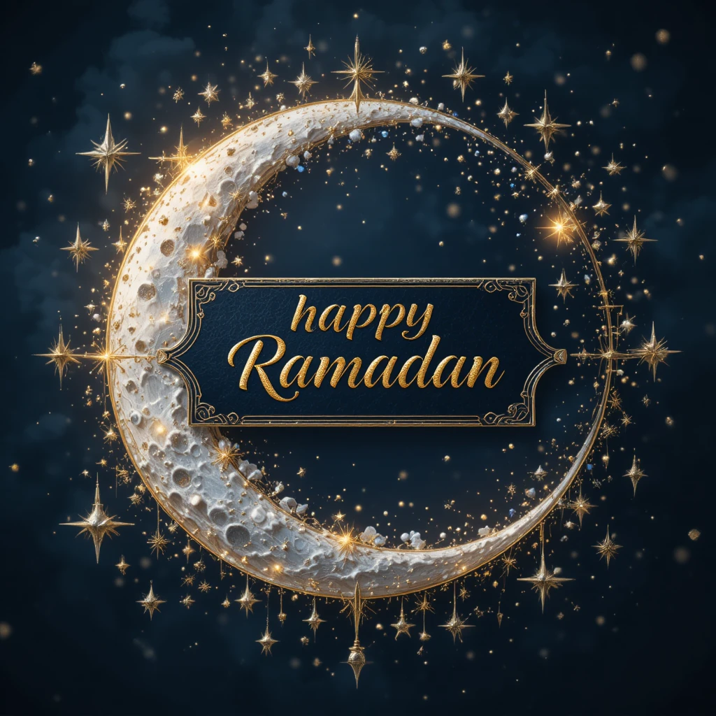 Lua crescente dourada e estrelas com caligrafia de feliz ramadã