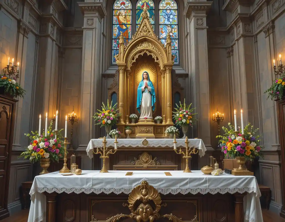 Altare di chiesa ornato con statua della Vergine Maria e luce di candele