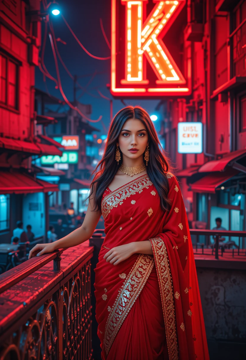Elegant Indian woman in red saree on neon lit rooftop