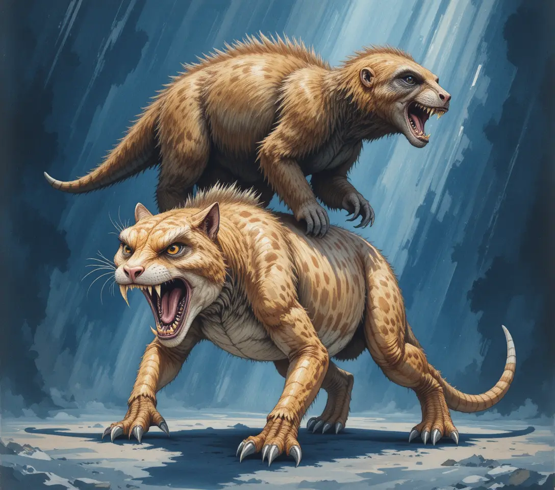 Saber toothed cat and giant sloth in dramatic illustration