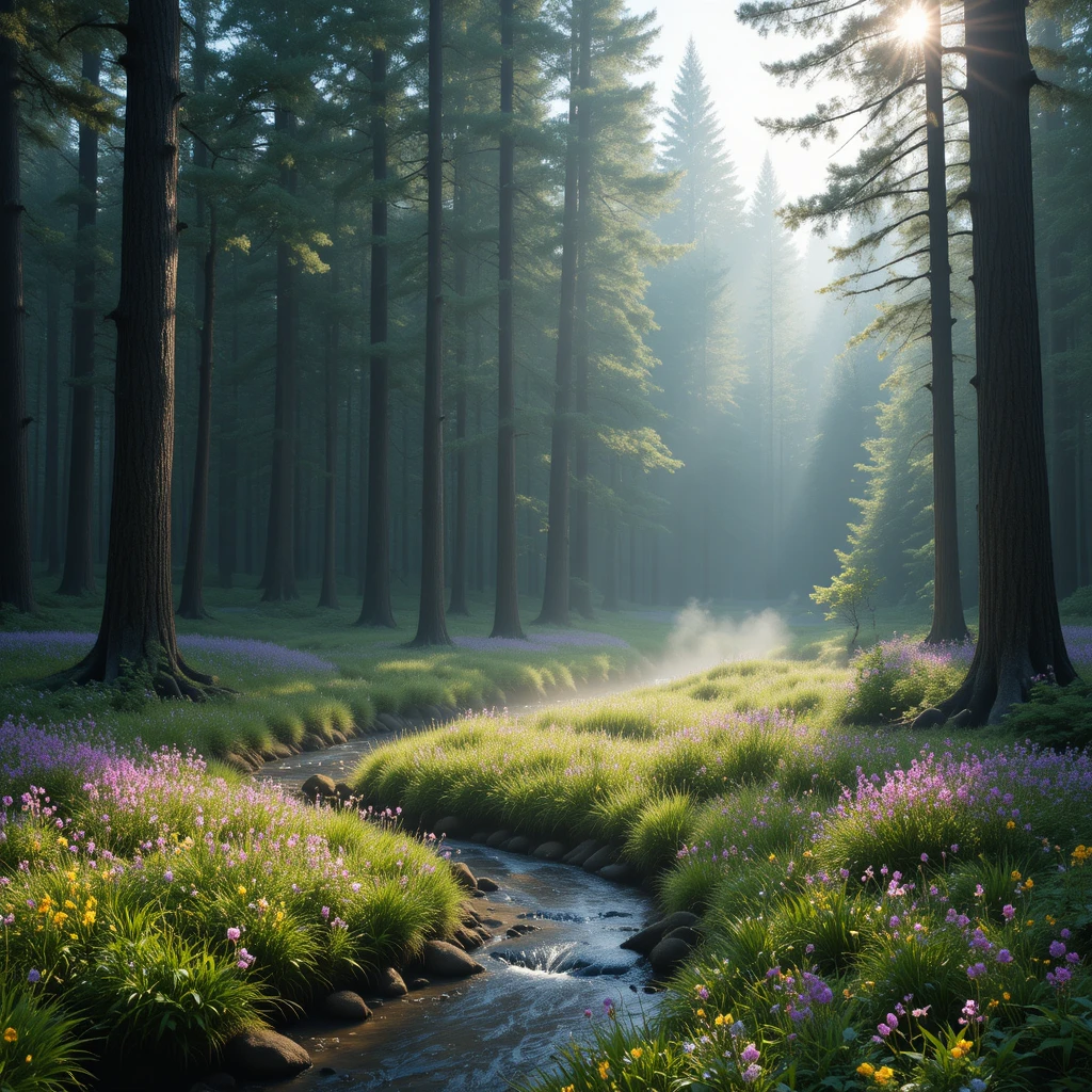 Clairière forestière avec ruisseau sous la douce lumière du matin