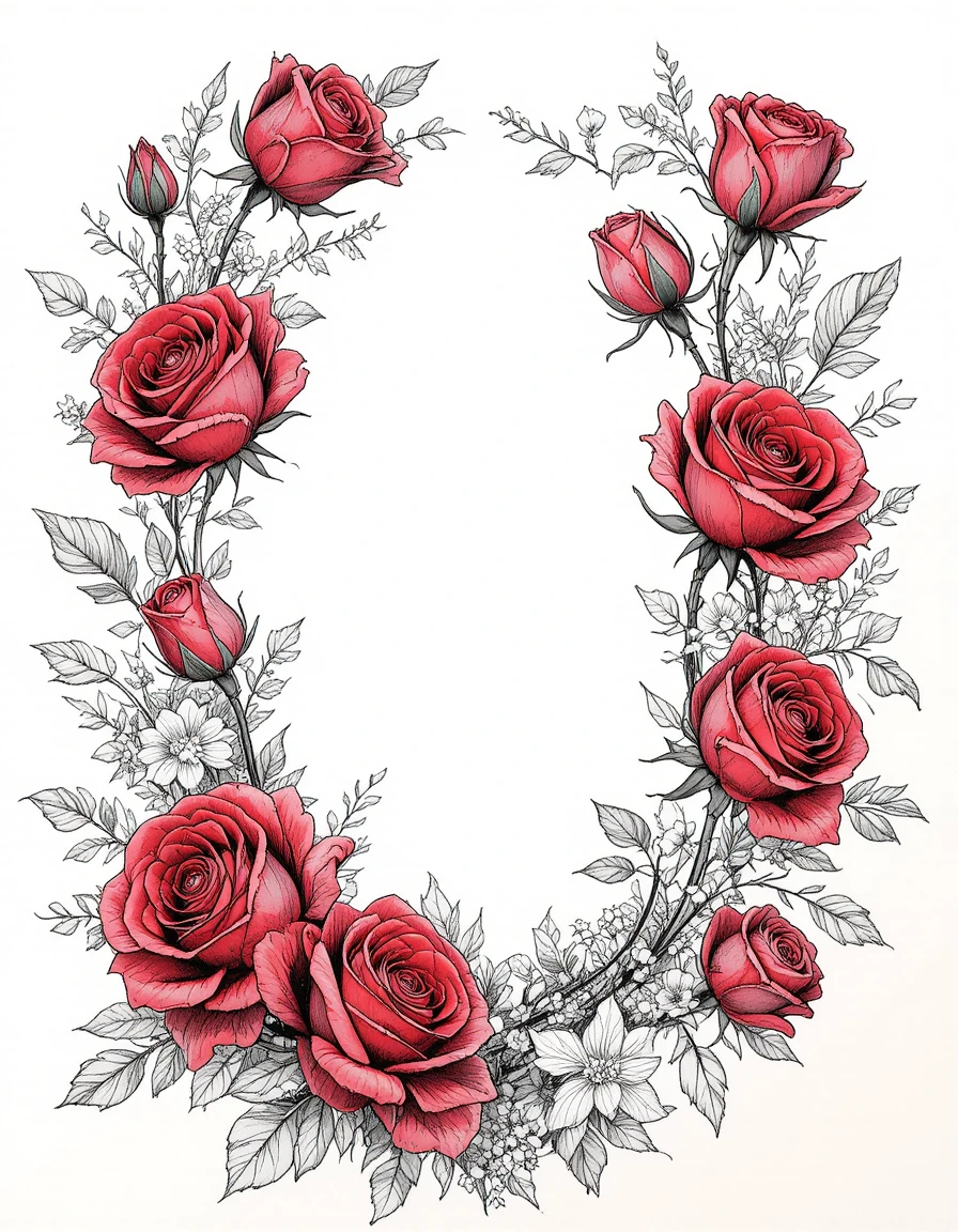 Elegant vector frame of blooming red roses and buds