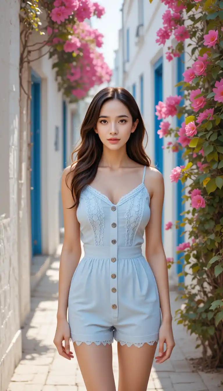 Young woman in blue romper in sunlit flowered alley